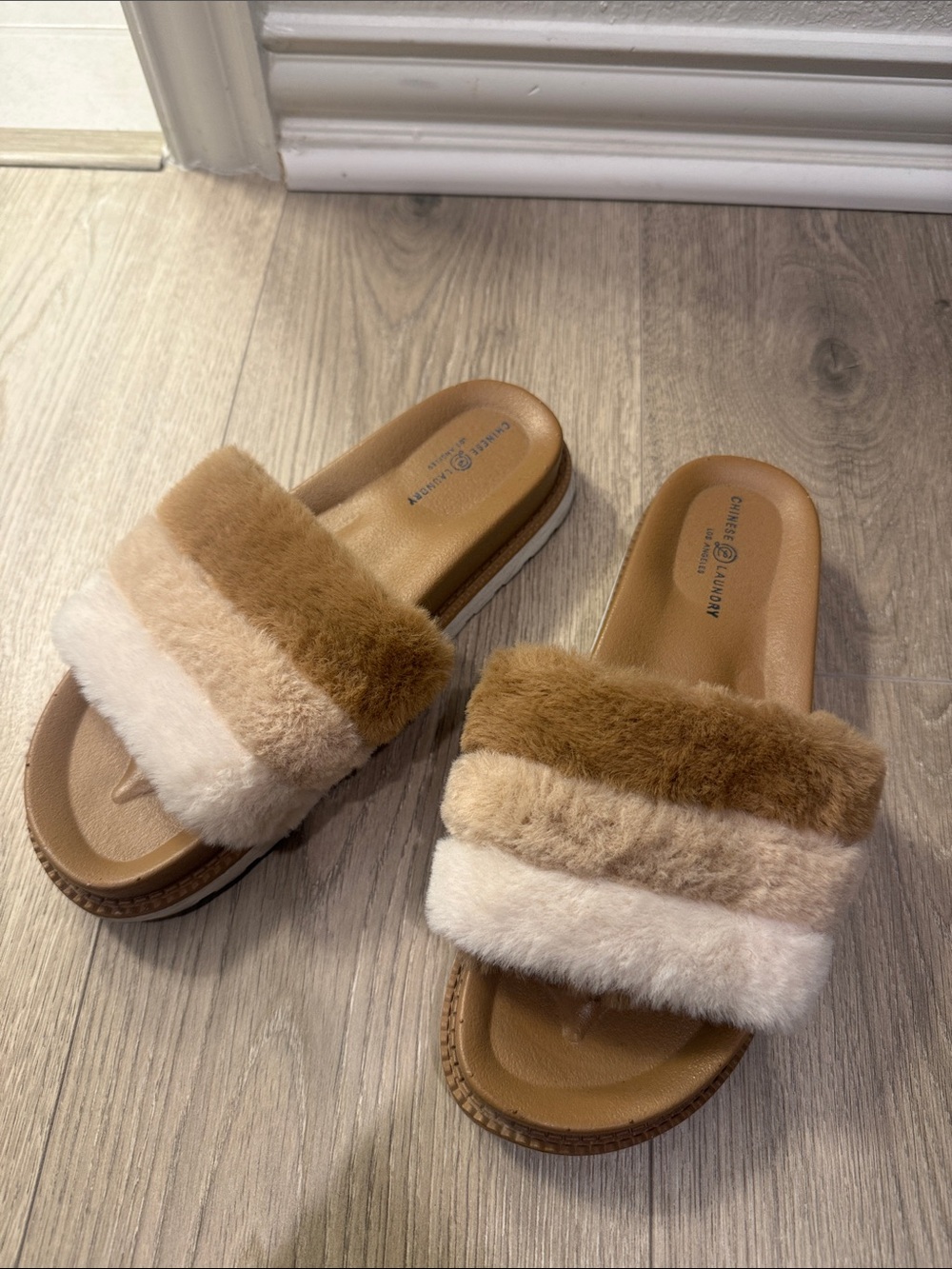 Chinese Laundry Triple-Band Faux Fur Slide Sandals in Brown, Tan & Cream